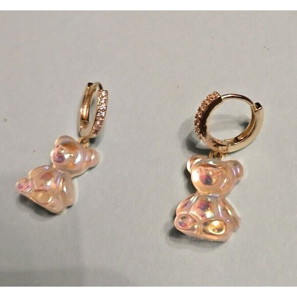Gold Crystal Iridescent Gummy Bear Lever Back Earrings - Picture 5 of 7